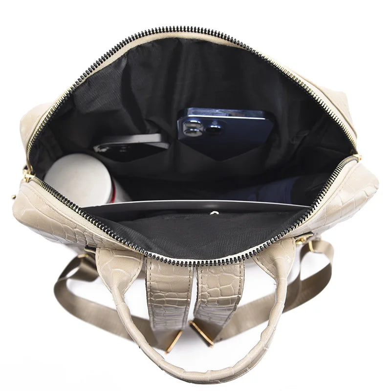 Crocodile Female Backpack School Bag Girls PU Leather Daypack