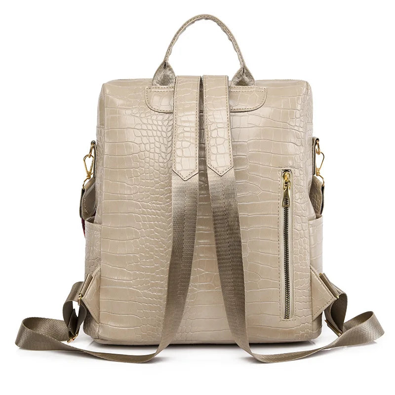 Crocodile Female Backpack School Bag Girls PU Leather Daypack