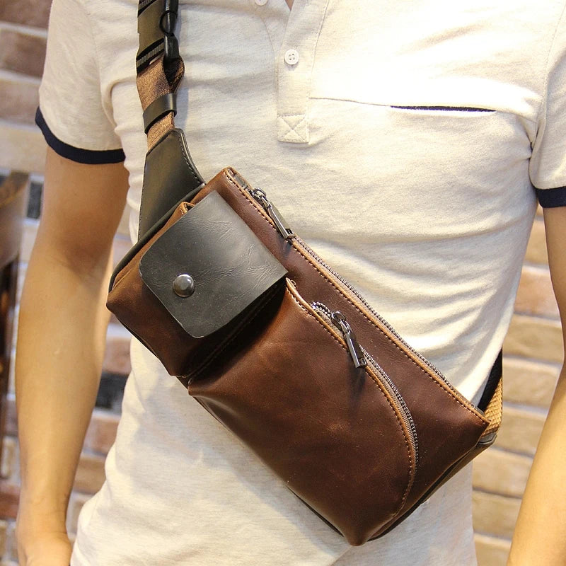 Brown Leather Crossbody Bag Men's Casual Messenger Chest Bag
