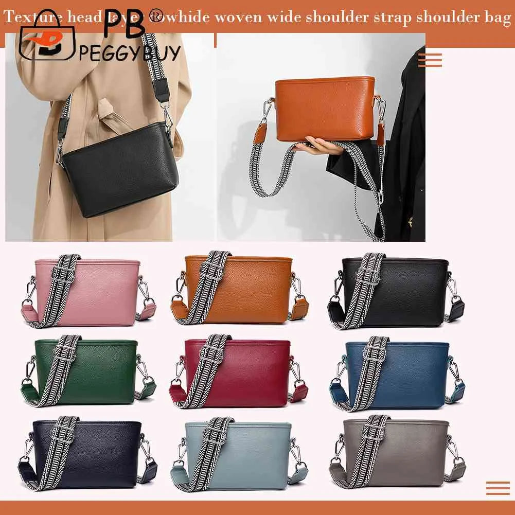 Crossbody Bag with Wide Fabric Strap in Cowhide Leather