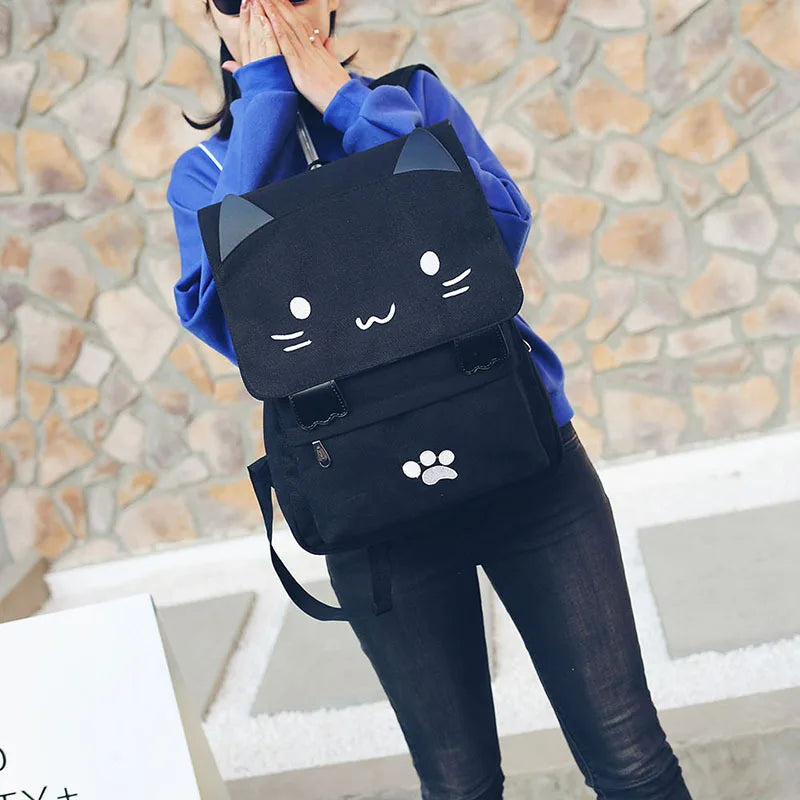 Cat Embroidery Canvas Student Bag Women Backpack