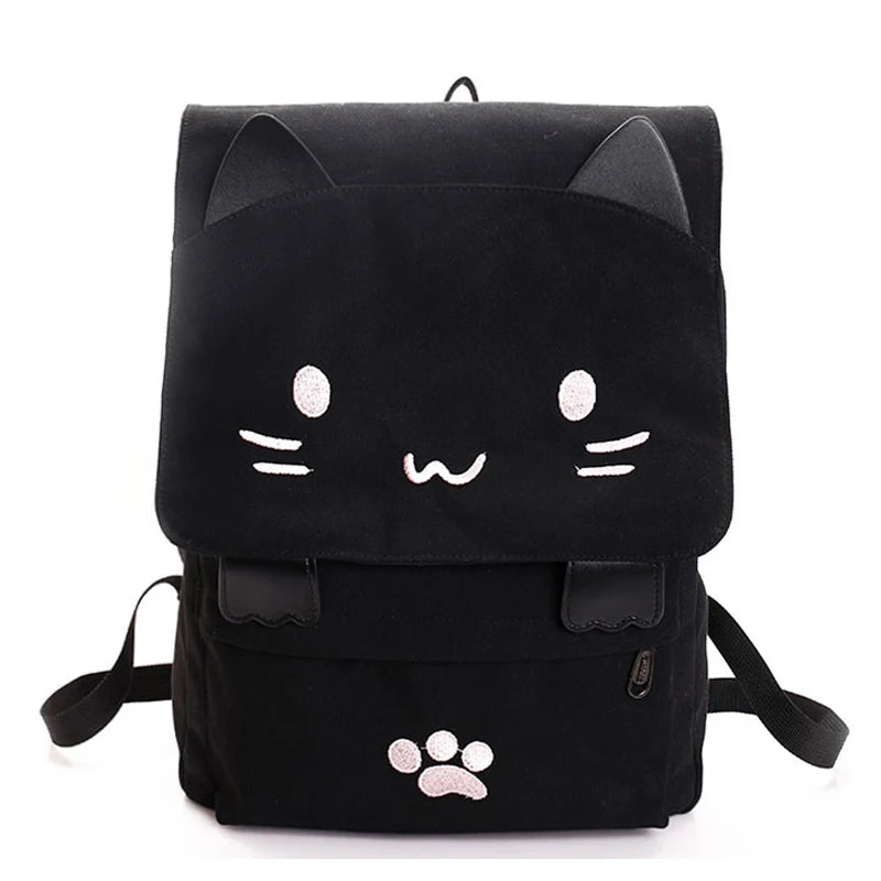 Cat Embroidery Canvas Student Bag Women Backpack
