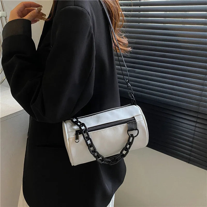 Cylinder Chains Shoulder Bag for Women PU Leather Handbag Crossbody Bag