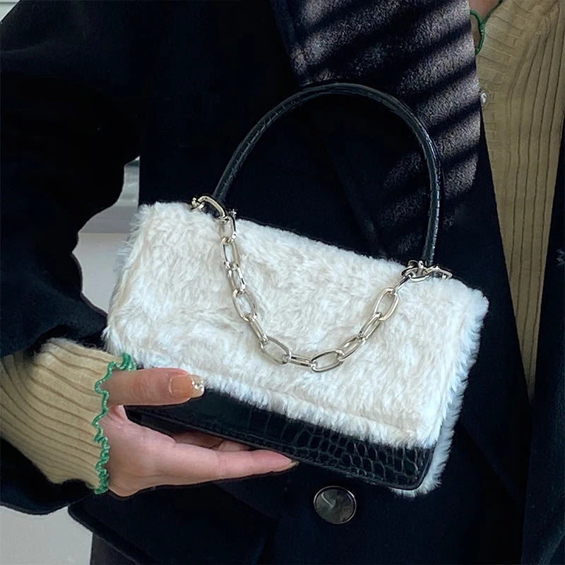 Faux Fur Plush Crossbody Bag Chain Clutch Purse Women's Small Square Shoulder