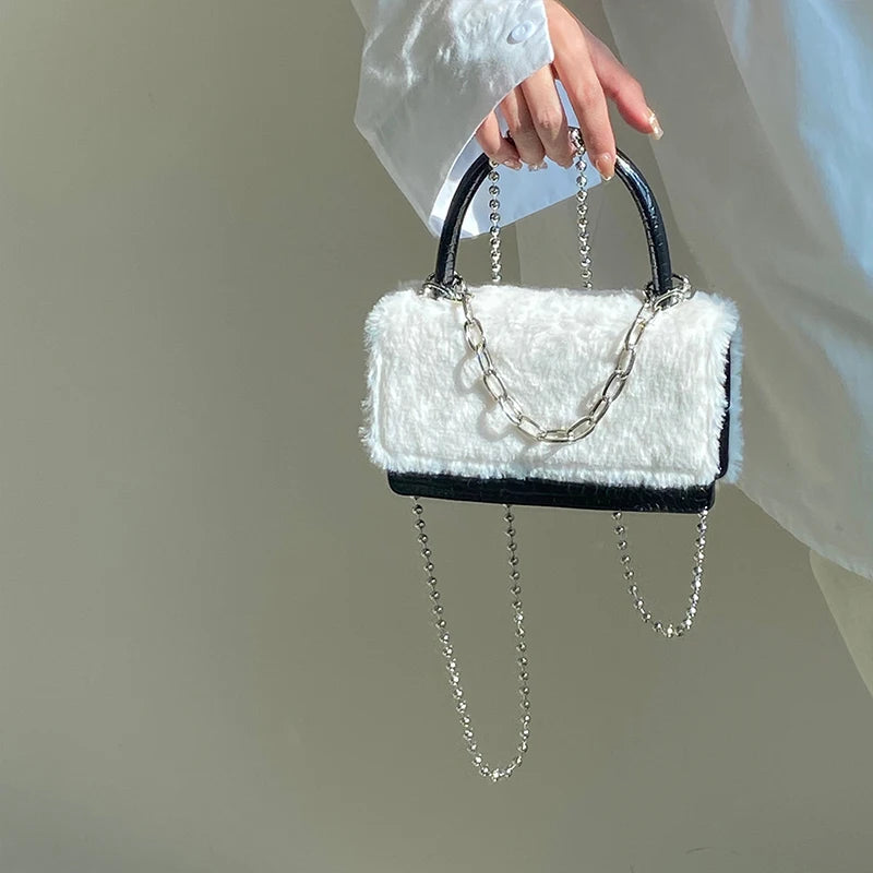 Faux Fur Plush Crossbody Bag Chain Clutch Purse Women's Small Square Shoulder