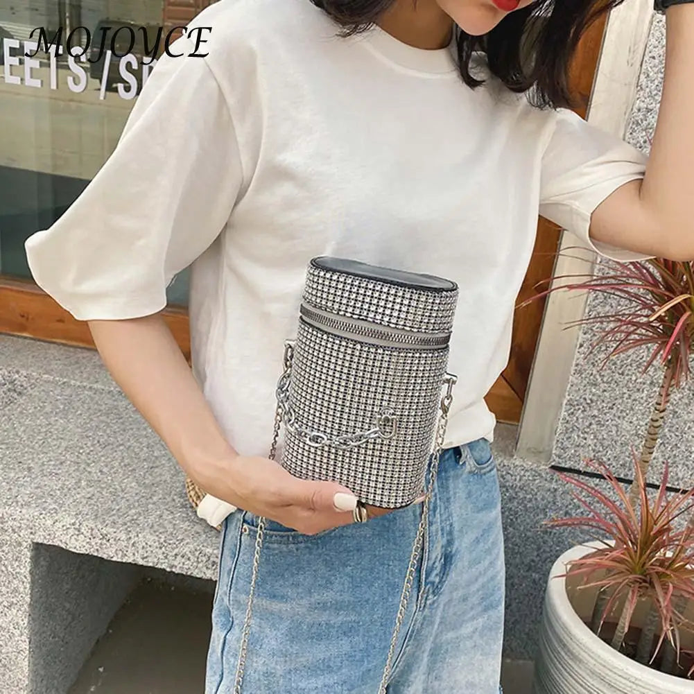 Diamond Shoulder Bag Women Leather Cylinder Bucket Handbag