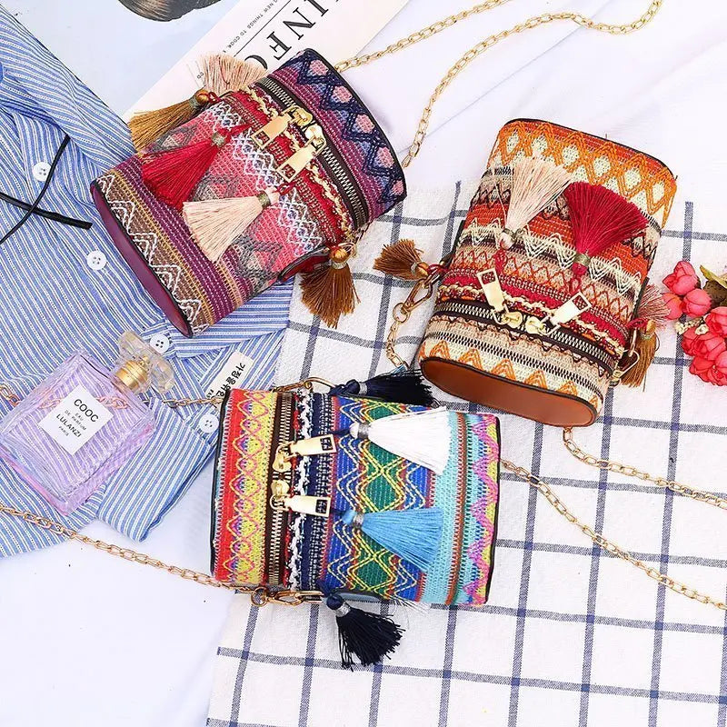 Ethnic Style Shoulder Crossbody Bag Tassel Hand-Woven Bucket Purse