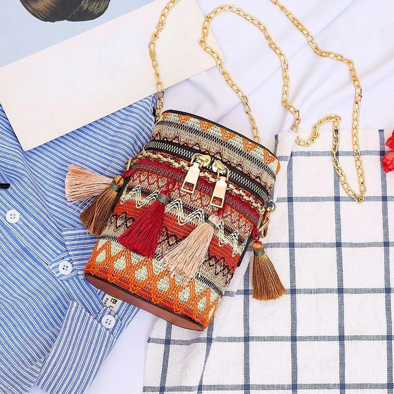 Ethnic Style Shoulder Crossbody Bag Tassel Hand-Woven Bucket Purse