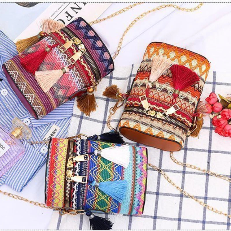Ethnic Style Shoulder Crossbody Bag with Tassel