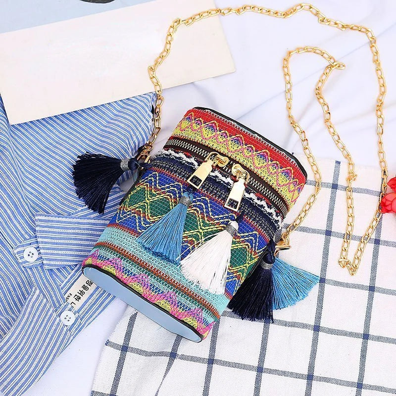 Ethnic Style Shoulder Crossbody Bag Tassel Hand-Woven Bucket Purse