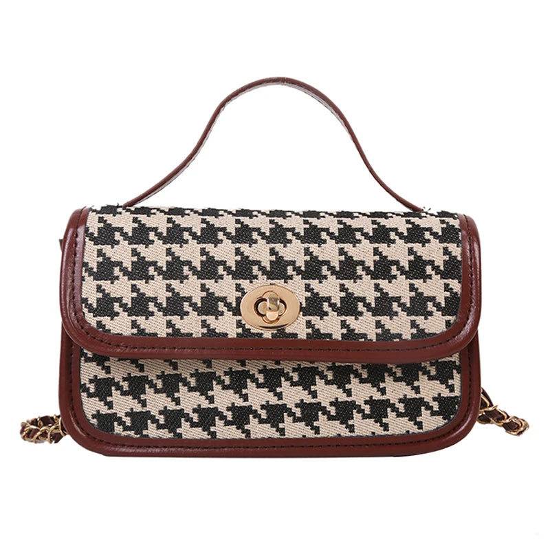 Women Shoulder Bag Houndstooth Print Woolen Crossbody Bag