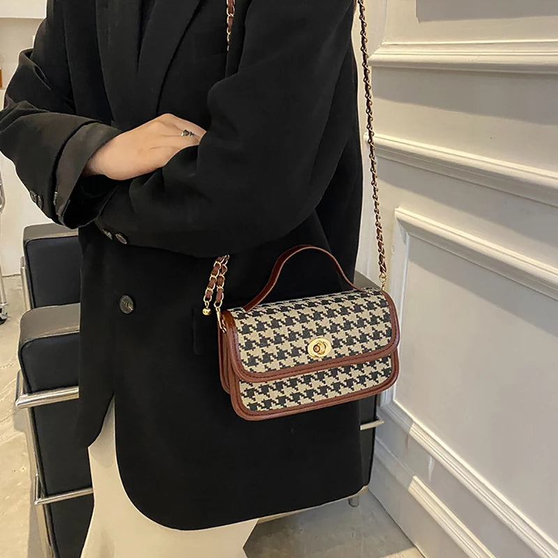 Women Shoulder Bag Houndstooth Print Woolen Crossbody Bag