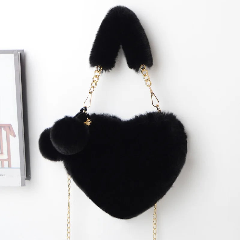 Faux Fur Heart Shaped Shoulder Bag Chain Messenger Bag Plush Crossbody Bag