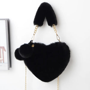 Faux Fur Heart Shaped Shoulder Bag Chain Messenger Bag Plush Crossbody Bag