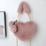 Faux Fur Heart Shaped Shoulder Bag Chain Messenger Bag Plush Crossbody Bag