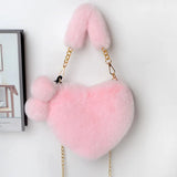 Faux Fur Heart Shaped Shoulder Bag Chain Messenger Bag Plush Crossbody Bag