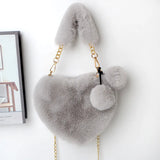 Faux Fur Heart Shaped Shoulder Bag Chain Messenger Bag Plush Crossbody Bag