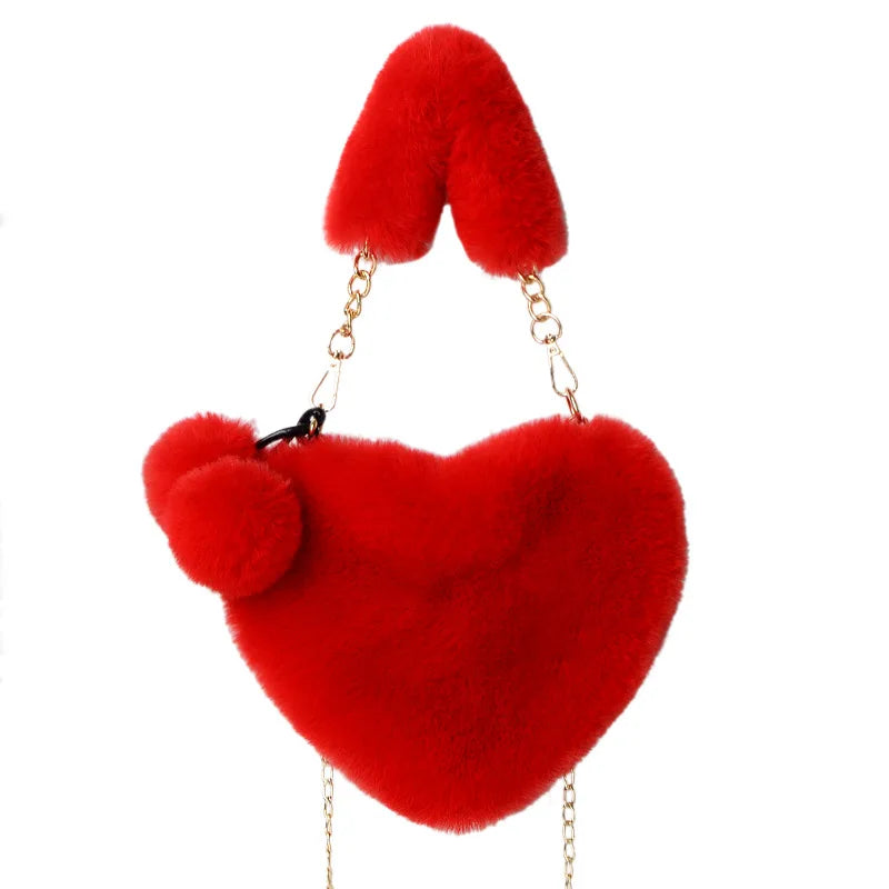 Faux Fur Heart Shaped Shoulder Bag Chain Messenger Bag Plush Crossbody Bag