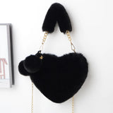 Faux Fur Heart Shaped Shoulder Bag Chain Messenger Bag Plush Crossbody Bag