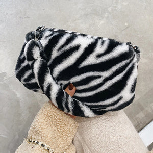 Leopard Faux Fur Women Shoulder Bag Soft Plush Shopper Bag Winter Tote Purse