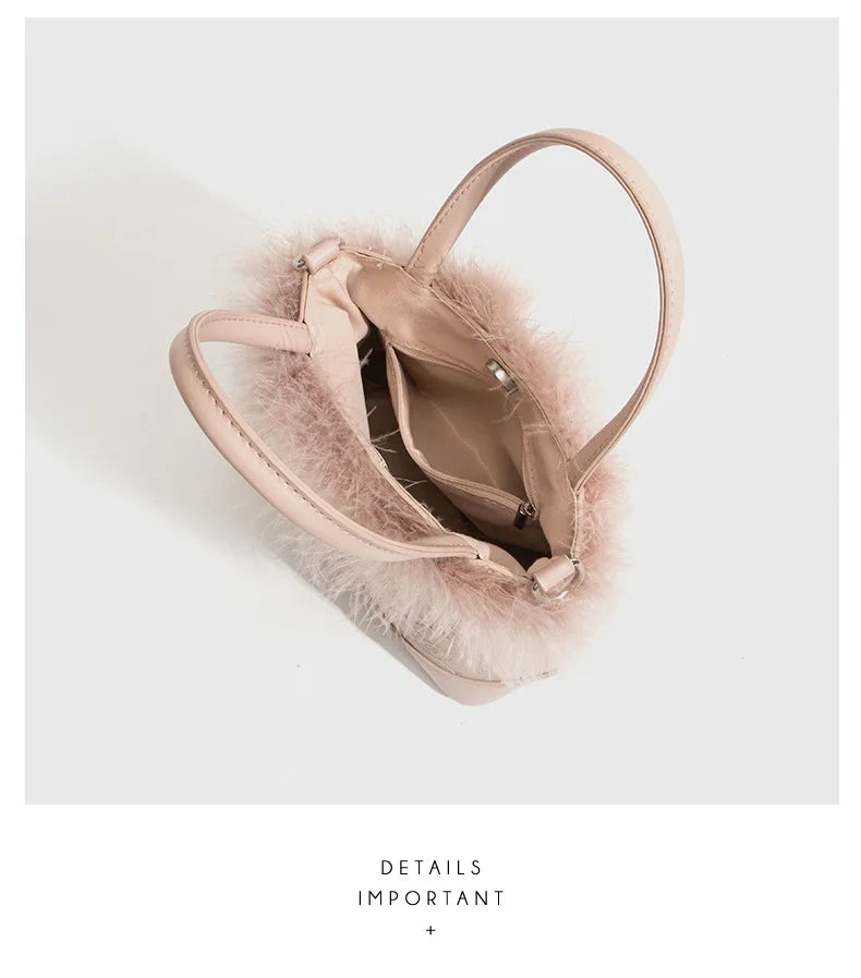 Faux Fur Plush Bucket Bag for Women Portable Crossbody Purse Shoulder Bag