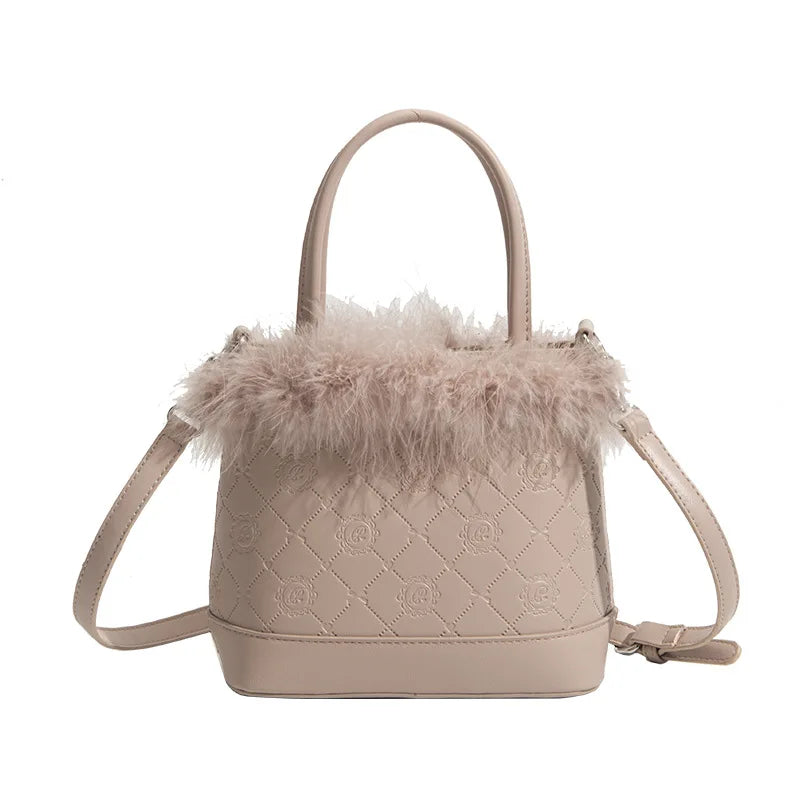 Faux Fur Plush Bucket Bag for Women Portable Crossbody Purse Shoulder Bag