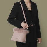 Faux Fur Plush Bucket Bag for Women Portable Crossbody Purse Shoulder Bag