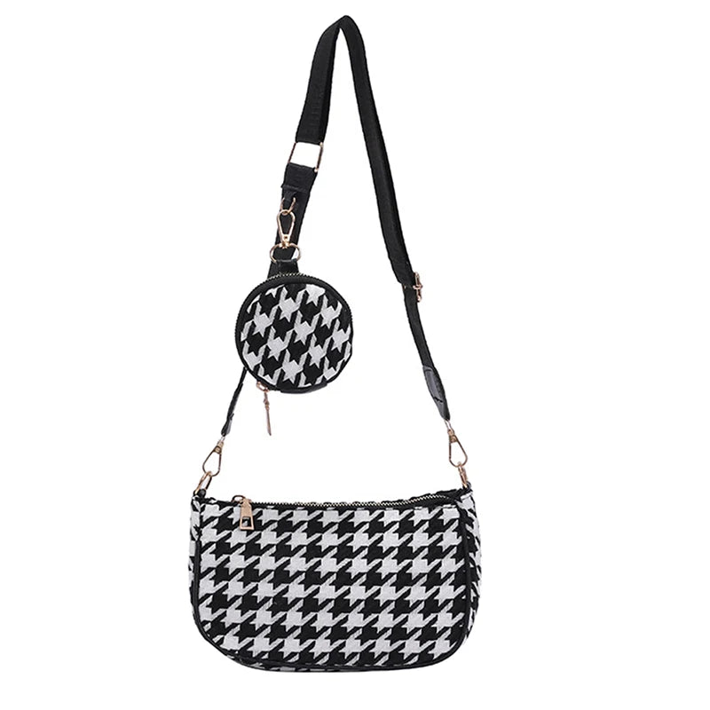 Vintage Plaid Shoulder Bags with Mini Round Purse Pendant