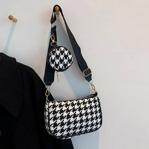 Vintage Plaid Shoulder Bags with Mini Round Purse Pendant