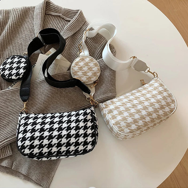 Vintage Plaid Shoulder Bags with Mini Round Purse Pendant