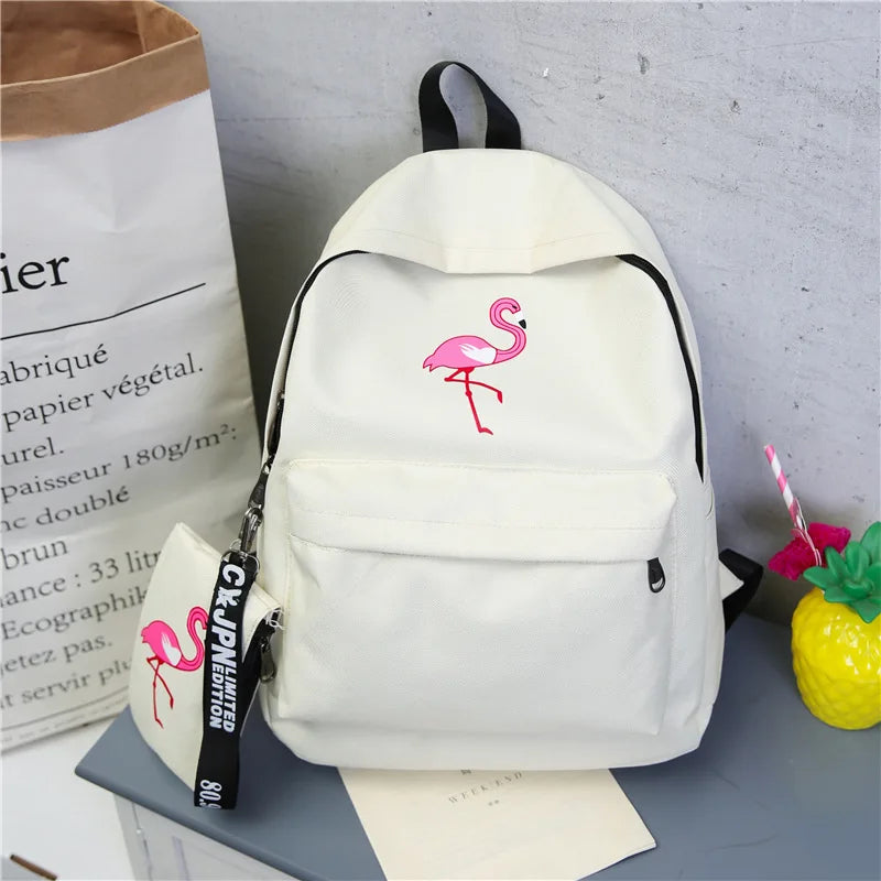 Flamingo Print Canvas School Bags for Girls Student Backpacks
