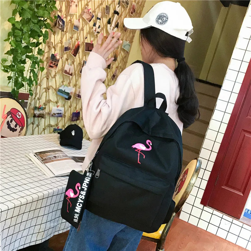Flamingo Print Canvas School Bags for Girls Student Backpacks