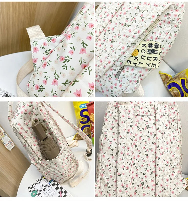 Floral Backpack Women Waterproof Nylon Rucksack Large Capacity