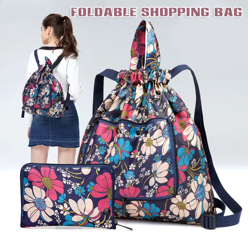 Large Capacity Foldable Travel Backpack Drawstring Tote Bag