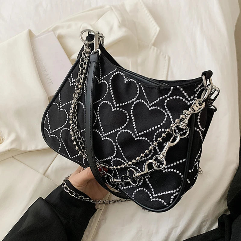 Heart Shape Embroidered Girl Shoulder Bag Woman Gothic Tote Canvas Bag