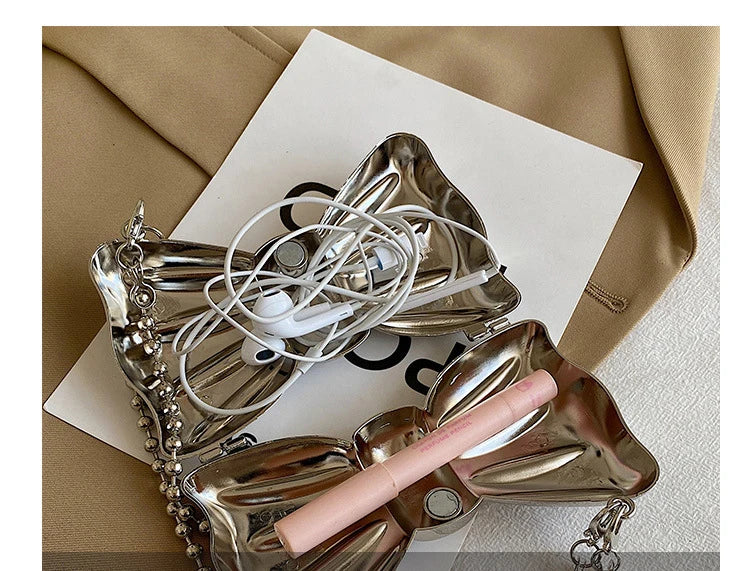 Metal Clutches Bow Shape Mini Evening Purse Silver Bags