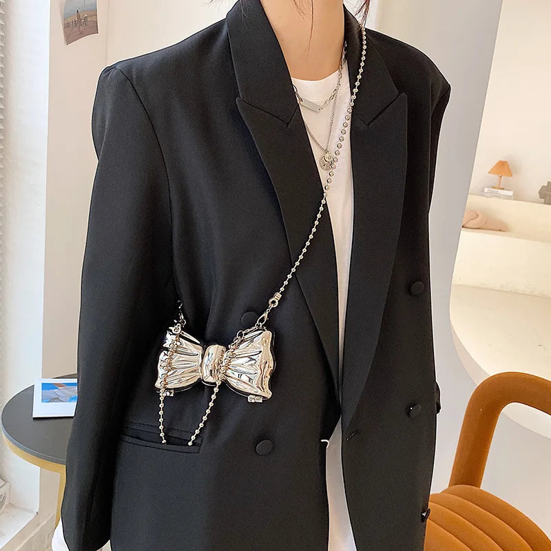 Metal Clutches Bow Shape Mini Evening Purse Silver Bags