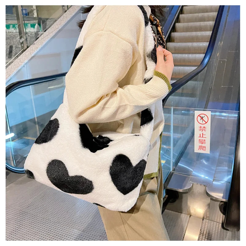 Heart Shape Print Plush Shoulder Bag for Women
