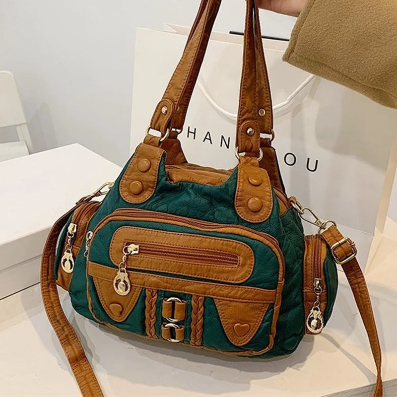 High Washed PU Leather Handbag Ladies Daily Bag
