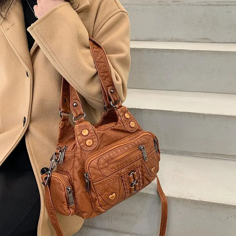 High Washed PU Leather Handbag Ladies Daily Bag Large Capacity Shoulder Bags