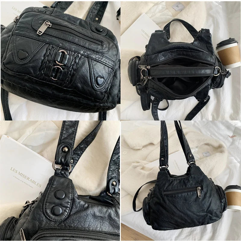 High Washed PU Leather Handbag Ladies Daily Bag