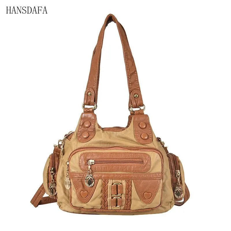 High Washed PU Leather Handbag Ladies Daily Bag Large Capacity Shoulder Bags