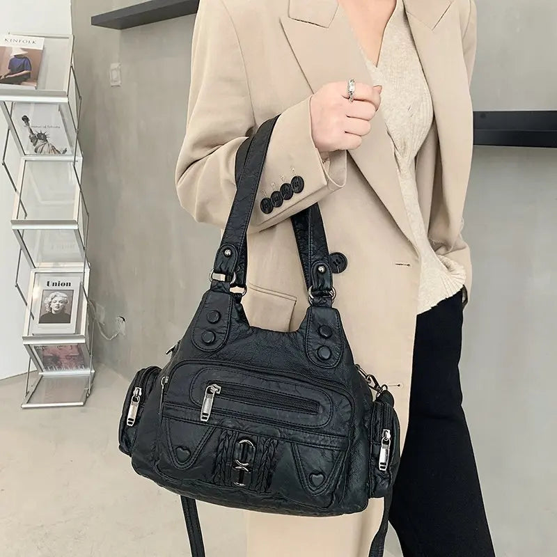 High Washed PU Leather Handbag Ladies Daily Bag