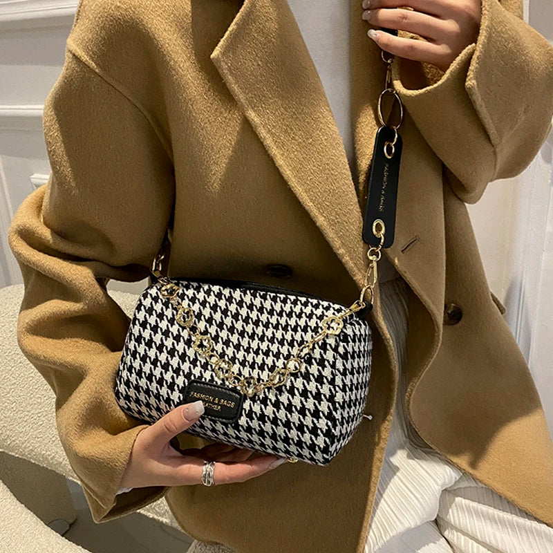 Houndstooth Shoulder Bag Women's Leather Crossbody Handbag