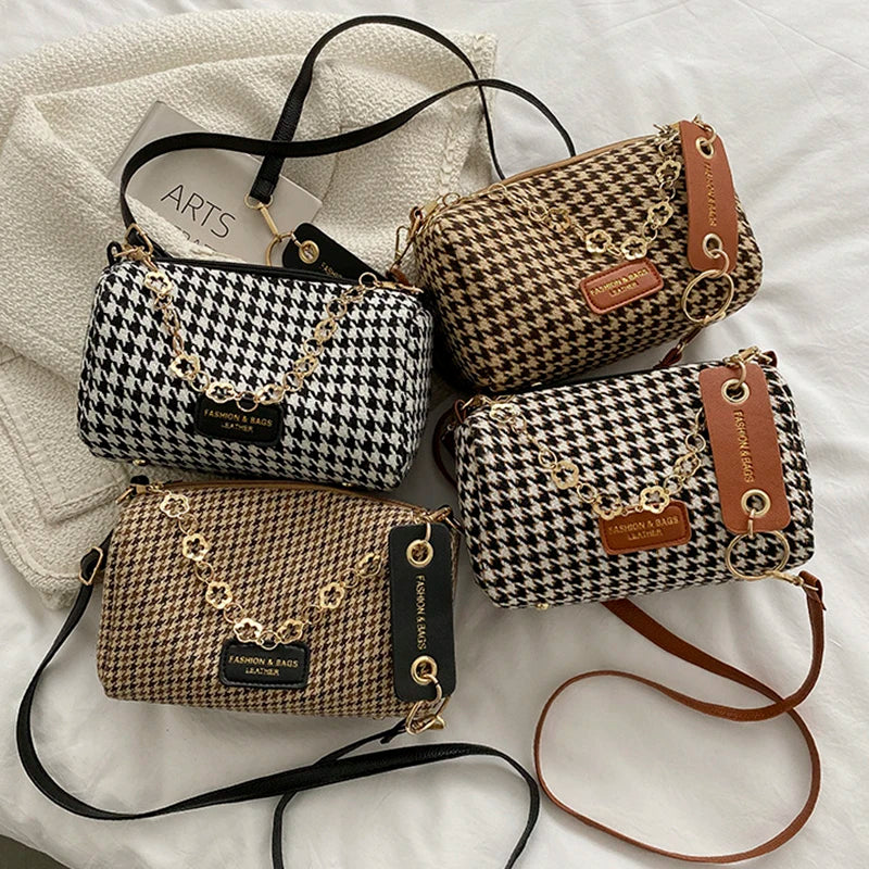 Houndstooth Shoulder Bag Women's Leather Crossbody Handbag