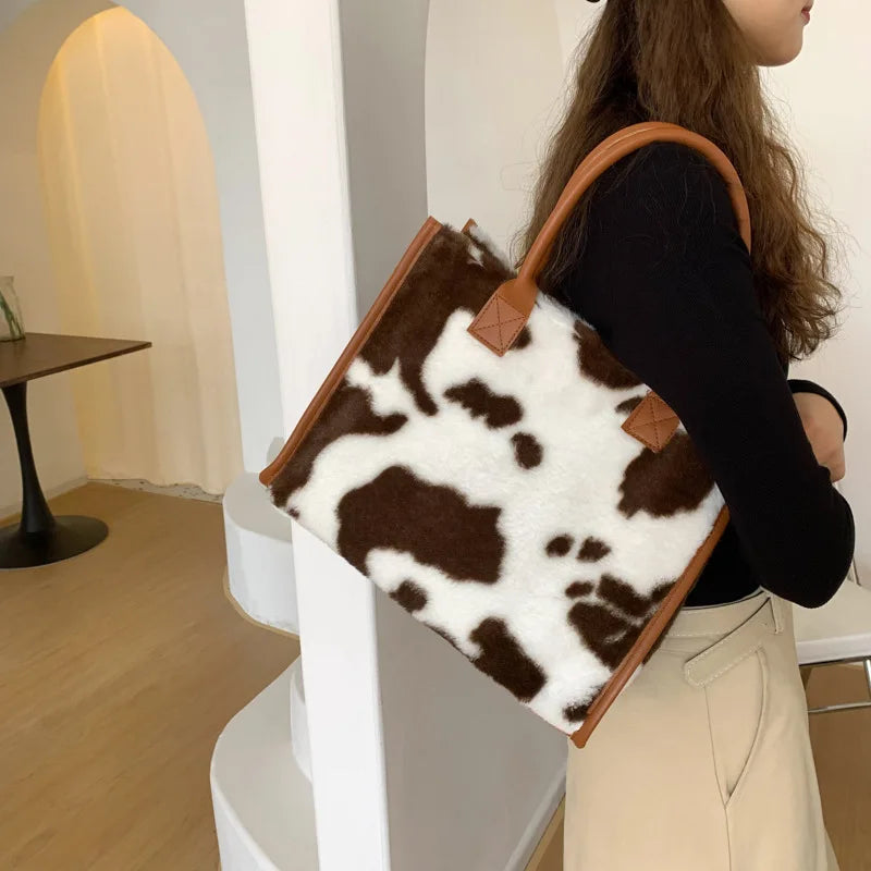 Retro Cow Leopard Print Tote Bag Large Capacity PU Leather Handbag