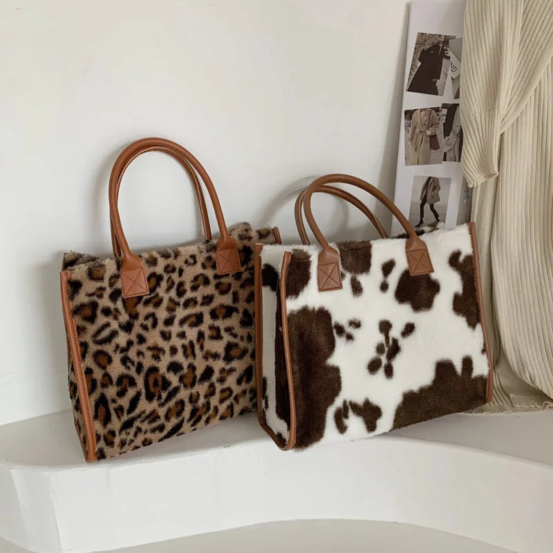 Retro Cow Leopard Print Tote Bag Large Capacity PU Leather Handbag