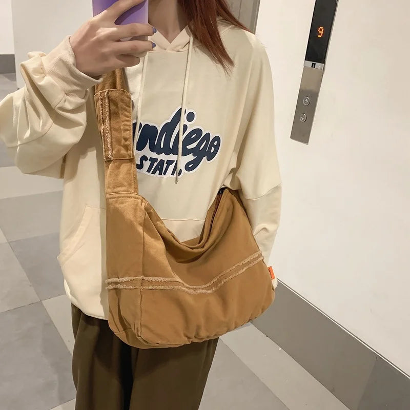 Canvas Messenger Bag Large Shopping Unisex Student Shoulder Solid Handbag
