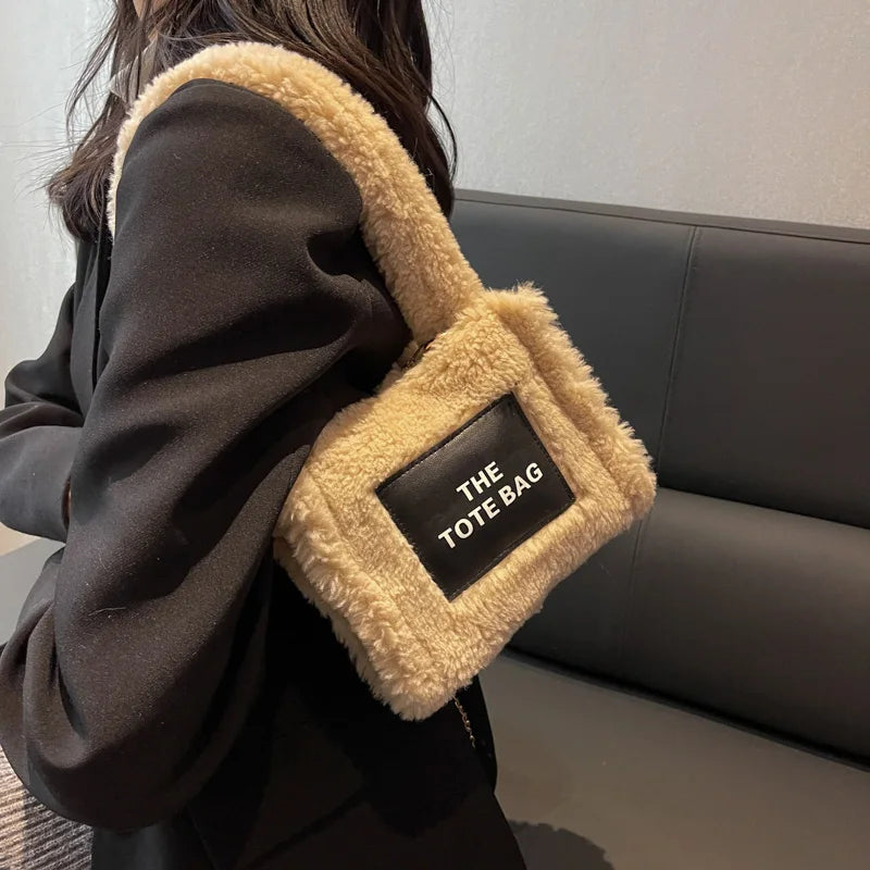 Plush Tote Bag Winter Shopping Crossbody Chain Shoulder Handbag
