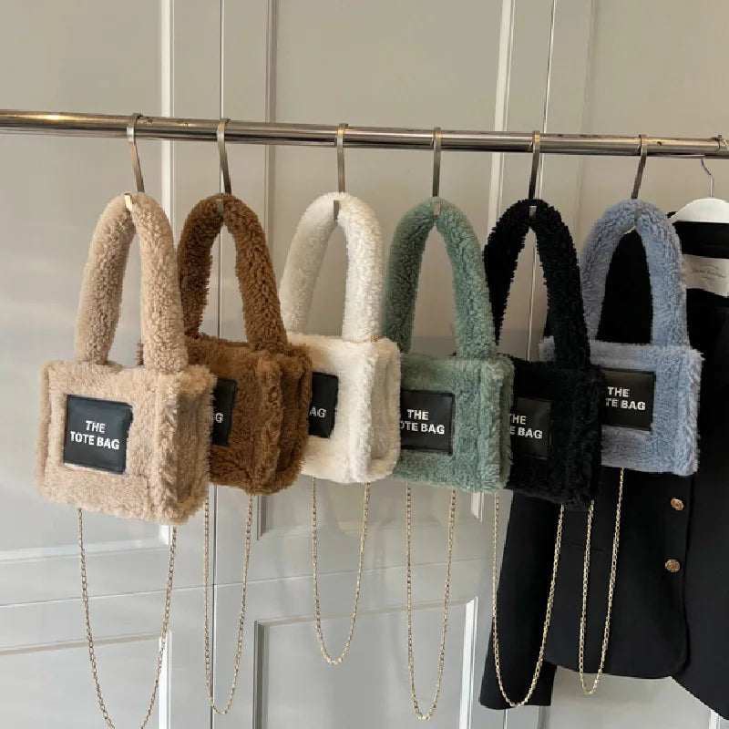 Plush Tote Bag Winter Shopping Crossbody Chain Shoulder Handbag